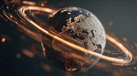 A stunning digital representation of Earth surrounded by glowing rings, set against a dark space background. This captivating image showcases a modern and artistic interpretation of our planet, perfect for technology and science-themed projects.の素材