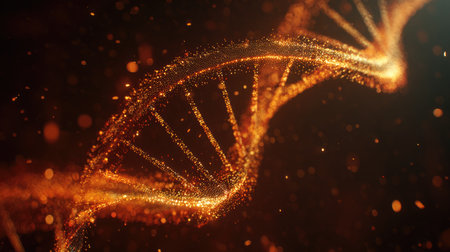 This stunning image depicts a glowing DNA helix adorned with golden particles against a dark background, symbolizing the beauty of genetic science and molecular biology.の素材