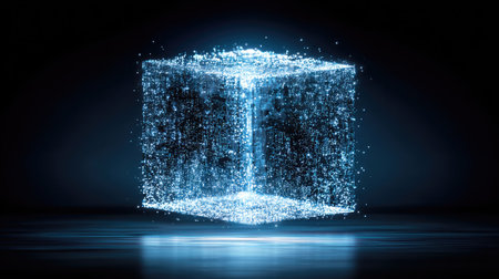 This captivating image features a glowing cube made of shimmering digital particles set against a dark background, creating an ethereal and futuristic atmosphere.の素材