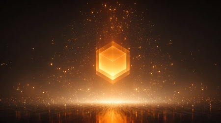This stunning image features a golden cube surrounded by shimmering sparks in a mystical 3D setting, perfect for fantasy and abstract themes.の素材