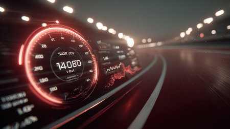 A captivating close-up image of a speedometer showcasing high velocity on a sleek, abstract road at night, illuminated by vibrant lights.の素材