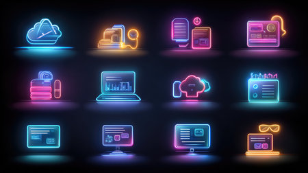 This image showcases vibrant neon icons that illustrate cloud computing and data management concepts, perfect for enhancing digital workspace visuals.の素材