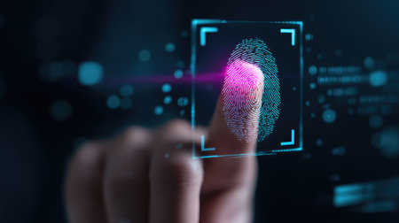 Close-up of a finger touching a digital fingerprint scanner, showcasing advanced technology for security and identity verification in a sleek interface.の素材