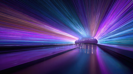 This captivating image showcases vibrant light trails creating dynamic patterns in motion along an urban pathway at night, emanating energy and creativity.の素材