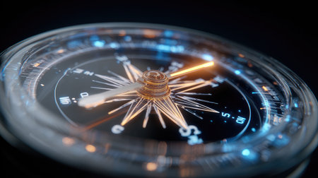 This striking close-up of a gleaming compass highlights its illuminated cardinal directions and intricate details, perfect for travel and adventure themes.の素材