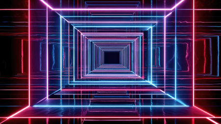 This stunning stock photo features a neon light tunnel made of vibrant blue and pink rectangles, creating a mesmerizing optical illusion in a dark environment.の素材
