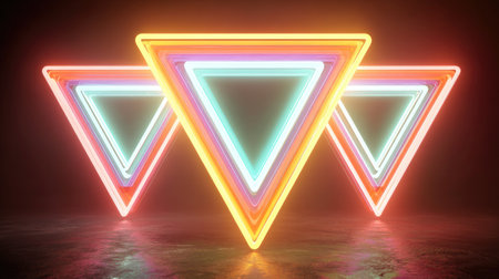 A stunning composition of vibrant neon triangles illuminated with bright colors set against a dark background, perfect for modern visual projects.の素材