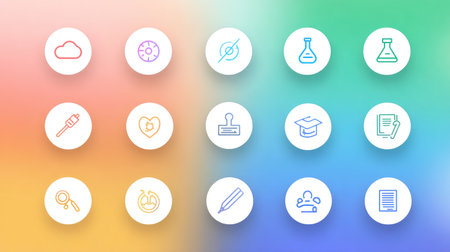 Vibrant collection of icons featuring various concepts related to science, education, and technology, perfect for modern graphic design projects.の素材