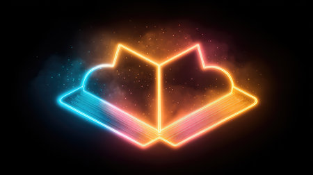 This captivating digital illustration features a neon glow open book set against a cosmic background, symbolizing creativity and modern learning.の素材
