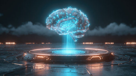 A captivating digital representation of a glowing brain hologram set against a dark, futuristic backdrop, highlighting innovation and technology in design.の素材