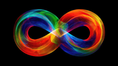 This vibrant infinity symbol showcases a blend of colorful swirls and fluid light patterns against a black background, representing limitless creativity and energy.の素材
