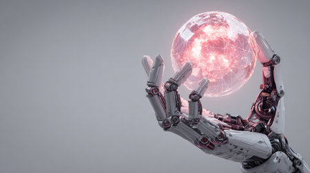A futuristic robot hand gracefully holds a glowing digital globe, symbolizing innovation and the synergy of technology and data in an ever-evolving world.の素材