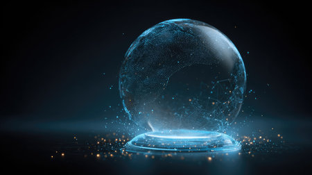 This image features a futuristic globe showcasing digital connections and glowing particles within a dark environment, representing innovation and technology.の素材