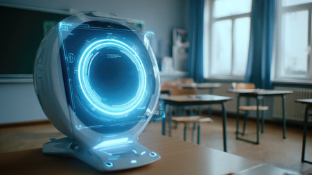 This image depicts a futuristic classroom equipped with an advanced holographic display technology. The environment reflects modern educational tools and innovative design for learning enhancement.の素材