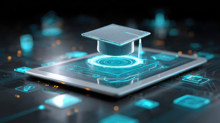 This image captures a modern digital learning concept featuring a graduation cap hovering above a tablet, symbolizing the future of education and technology integration.の素材