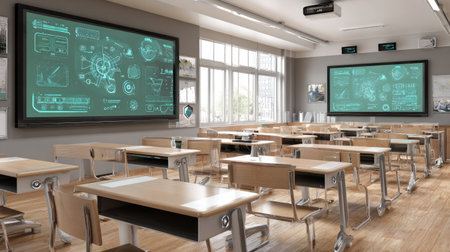 Bright, modern classroom featuring digital displays and empty desks, designed for collaborative learning and innovative educational experiences.の素材