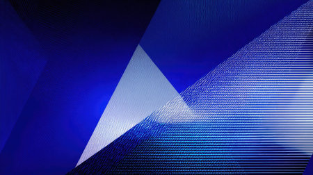 This captivating abstract image features a blue geometric background with layered triangular shapes and textured lines, embodying modern artistic design.の素材