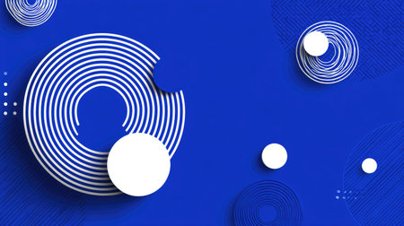 This abstract image features circular shapes and lines on a bold blue background, perfect for modern art projects, advertising, or digital design.の素材