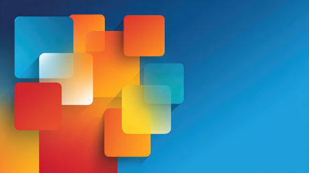 This image features colorful geometric shapes on a vibrant blue background, showcasing a blend of smooth gradients and soft shadows for a contemporary design.の素材