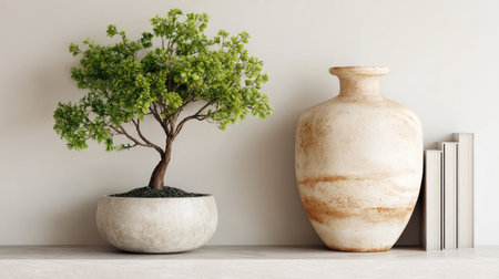 An aesthetically pleasing indoor scene showcases a miniature tree in a round pot alongside an elegant vase and neatly stacked books, exuding tranquility and minimalism.の素材