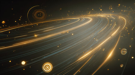 A captivating abstract background featuring bright swirling light trails in dark space. The design showcases glowing particles and circular shapes, creating an energetic and dynamic atmosphere perfect for artistic projects.の素材