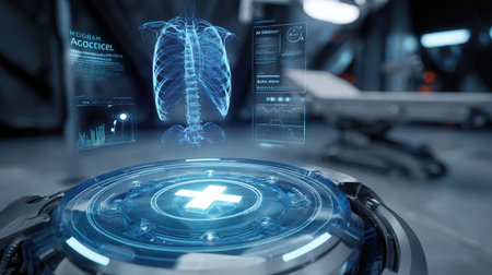 This image showcases advanced medical technology featuring a digital lung scan display, illustrating innovation in healthcare. It reflects future medical diagnostics and patient care.の素材