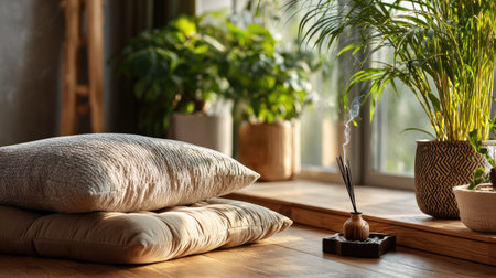 This image captures a tranquil indoor environment featuring soft cushions, lush green plants, and a serene incense holder, inviting relaxation and calm.の素材