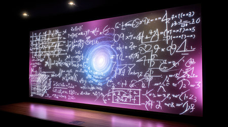 This vibrant image features complex equations and formulas against a purple backdrop, symbolizing the essence of scientific inquiry and academic pursuit.の素材