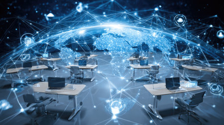 A modern office setting showcasing individual workstations interconnected through a digital network, symbolizing innovation and global communication trends.の素材
