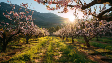 A stunning view of a cherry blossom orchard at sunrise, featuring blooming trees, vibrant flowers, and lush green grass, evoking tranquility and beauty.の素材