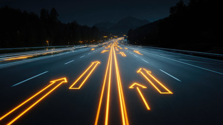 A captivating nighttime view of a modern highway, showcasing bright arrows guiding traffic through long exposure light trails, emphasizing movement and flow.の素材