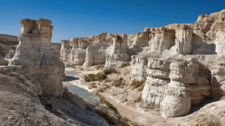 Explore the stunning beauty of rocky outcrops in a serene desert landscape, showcasing unique geological formations under a clear blue sky.の素材