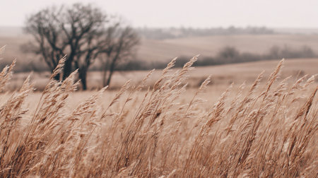 This peaceful countryside scene features golden grasses swaying gently in the wind, set against a soft, hazy sky and a solitary tree, evoking tranquility.の素材
