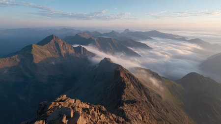 Experience the awe-inspiring beauty of a mountain landscape at sunrise, where mist softly blankets the valley, creating a serene and tranquil atmosphere.の素材