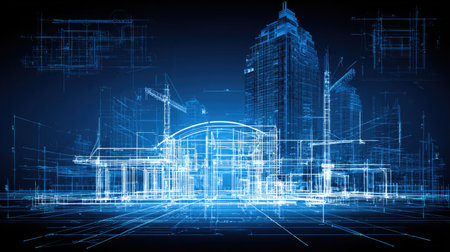 A striking digital illustration of a futuristic city skyline, showcasing construction elements and architectural blueprints with a modern design.の素材