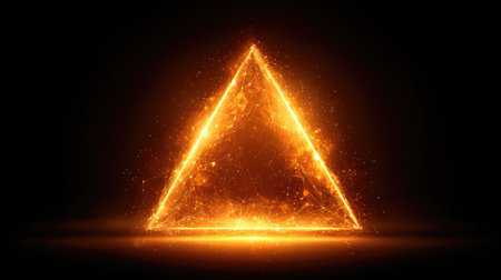This striking image features a fiery triangle illuminated by glowing particles, creating an engaging visual against a dark backdrop. Perfect for artistic projects.の素材
