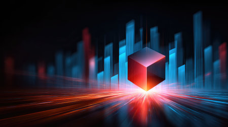 This striking abstract image features a 3D cube at the center, emitting light rays against a colorful city skyline, creating a dynamic and futuristic atmosphere.の素材