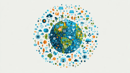 This vibrant illustration features Earth at the center, embellished with various nature elements and symbols representing sustainability and renewable energy.の素材