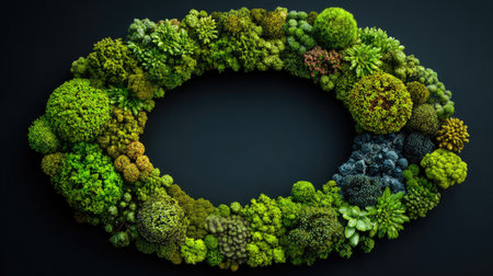 A stunning circular arrangement of diverse greenery showcasing various plant textures against a dark backdrop, perfect for design and ecology themes.の素材