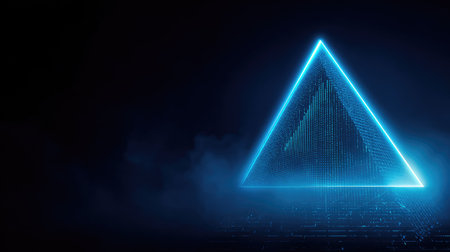 A striking neon triangle radiates in a darkened space, surrounded by glowing particles and smoke, creating a captivating futuristic atmosphere.の素材
