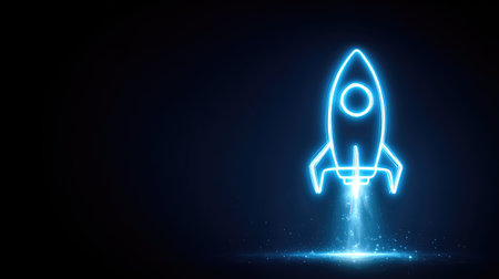 A stunning illustration of a futuristic rocket launching into space with a radiant neon glow. This image captures the essence of innovation and exploration in a dark setting, perfect for themes of technology or ambition.の素材