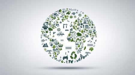 This artistic illustration features a globe filled with various icons and symbols representing sustainability and environmental consciousness. Ideal for promoting green initiatives.の素材
