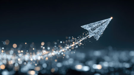 A stunning digital artwork of a paper airplane soaring into the night sky, leaving a trail of sparkling light, symbolizing imagination and exploration.の素材