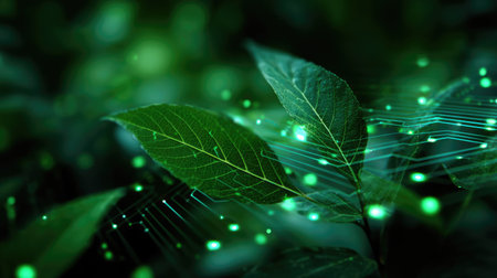 A stunning close-up image of vibrant green leaves infused with digital elements, illustrating the harmonious blend of nature and technological advancement.の素材