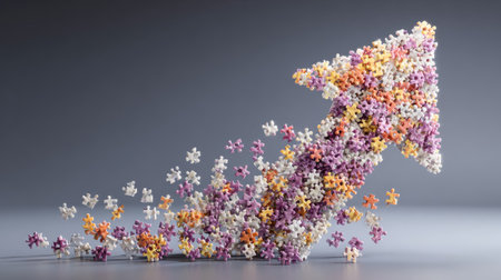 This image depicts a dynamic arrangement of colorful puzzle pieces forming an upward arrow, symbolizing growth, innovation, and success in various business concepts. Perfect for illustrating themes of strategy and teamwork.の素材