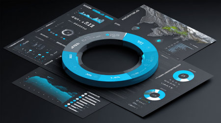 Explore a striking data visualization showcasing circular infographics and various charts in a blue and black theme, ideal for business presentations.の素材