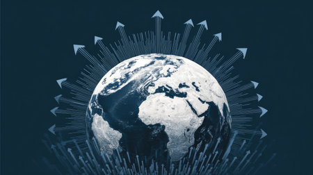 A stunning visual of Earth surrounded by upward arrows, representing growth and global connectivity in a digital context. Perfect for illustrating progress.の素材