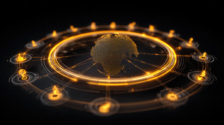 A visually striking representation of global connectivity showcasing the Earth at the center, surrounded by luminous lines and connection icons, symbolizing data exchange and digital networks.の素材