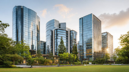 Captivating urban landscape featuring sleek glass buildings surrounded by lush greenery, perfect for showcasing modern architecture and vibrant city life.の素材