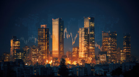 A stunning city skyline illuminated at night features modern skyscrapers, with financial data overlays and historical maps creating a unique visual narrative.の素材